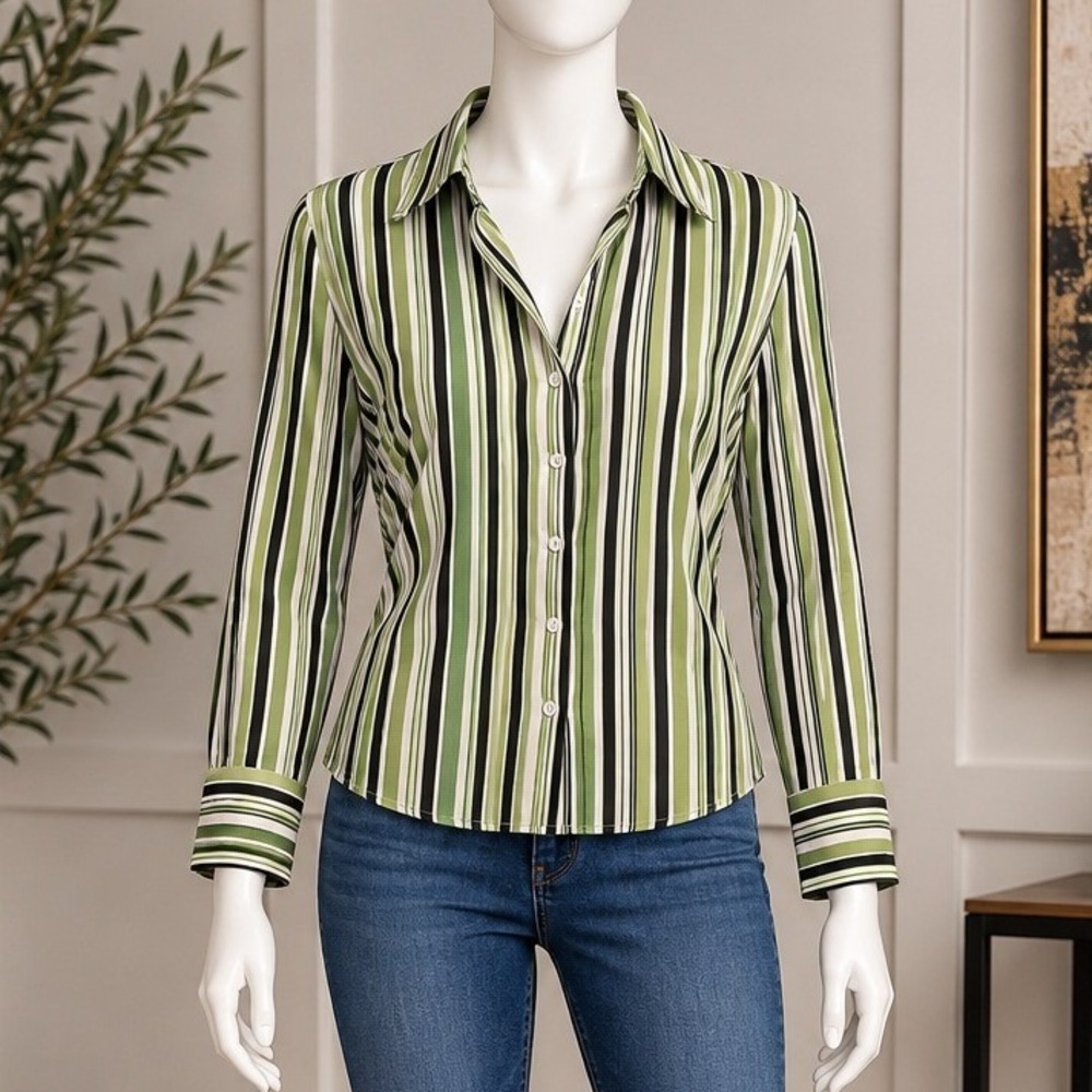 Jones New York Womens Button Down Shirt Green Navy Striped Petite Small